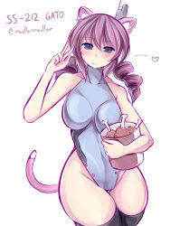 Rule 34 | 10s, 1girl, animal ears, bird, black legwear, blush, breasts, brown eyes, bucket, cat ears, cat tail, chicken, drill hair, food, fried chicken, kantai collection, large breasts, long hair, maullarmaullar, mecha musume, one-piece swimsuit, original, pink hair, plump, smile, solo, swimsuit, tail, thick thighs, thigh gap, thighs, twin drills, uss gato (ss-212), v