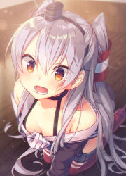 Rule 34 | 1girl, all fours, amatsukaze (kancolle), black choker, black hairband, blurry, blurry background, blush, breasts, brown dress, brown eyes, choker, cleavage, commentary request, detached sleeves, downblouse, dress, garter straps, gloves, hair between eyes, hair tubes, hairband, hat, kantai collection, long hair, looking at viewer, mini hat, open mouth, red footwear, red thighhighs, short dress, sidelocks, silver hair, small breasts, smokestack, solo, striped clothes, striped thighhighs, sweat, tahya, thighhighs, two side up, v-shaped eyebrows, very long hair, white gloves, wooden floor