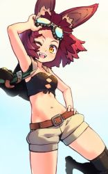 Rule 34 | 1girl, :d, animal ear fluff, animal ears, armpits, bare arms, bare shoulders, belt, blue background, cape, copyright request, etrian odyssey, goggles, goggles on head, gradient background, grey shorts, hand on own hip, hand up, hound (sekaiju), looking at viewer, midriff, navel, one eye closed, open mouth, red hair, reiesu (reis), shorts, smile, solo, standing, standing on one leg, strapless, thighhighs, tube top, yellow eyes