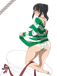 Rule 34 | 1girl, ass, back, black hair, blush, breasts, christmas, dress, female focus, glasses, holding, jewelry, kneepits, large breasts, long hair, long sleeves, looking at viewer, looking back, necklace, nico robin, one piece, one piece: strong world, panties, pantyshot, ponytail, purple eyes, sack, satomi sato, shiny skin, solo, striped clothes, striped dress, striped panties, striped sweater, sweater, sweater dress, underwear