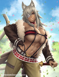 Rule 34 | 1girl, abs, animal ear fluff, animal ears, artist name, belt, belt bra, belt buckle, breasts, brown pants, buckle, choker, commentary, english commentary, eyepatch, facial scar, fingerless gloves, fingernails, fur-trimmed jacket, fur trim, ghislaine dedoldia, gloves, grey hair, hair over one eye, hand on own hip, highres, huge breasts, jacket, long hair, looking at viewer, max domikov, midriff, mushoku tensei, navel, outdoors, pants, parted lips, patreon username, petals, realistic, red choker, red eyes, scar, scar on cheek, scar on face, solo, suspenders gap, tail, tail ornament, tail ring, tan