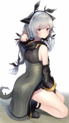 Rule 34 | 1girl, ankle strap, arknights, arm behind head, bare legs, bare shoulders, black footwear, blush, boots, commentary request, detached sleeves, from behind, full body, highres, long hair, long sleeves, looking at viewer, looking back, low-tied long hair, open mouth, red eyes, sidelocks, silver hair, simple background, solo, squatting, tail, torikaze ito, very long hair, weedy (arknights), white background
