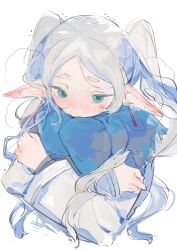 Rule 34 | 1girl, blue scarf, blush, crossed arms, earrings, frieren, green eyes, highres, jewelry, looking at viewer, pointy ears, ponn mame, scarf, short hair, sousou no frieren, white background, white hair