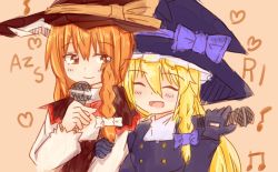 Rule 34 | 2girls, azusa (cookie), beamed quavers, blonde hair, blush, braid, brown hair, character name, commentary request, cookie (touhou), closed eyes, gloves, hat, hat ribbon, heart, kirisame marisa, long hair, microphone, multiple girls, musical note, nnns, open mouth, orange hair, quaver, rei (cookie), ribbon, ribbon trim, smile, touhou, witch hat