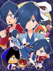 Rule 34 | 1boy, :o, alternate color, arm up, blue eyes, blue hair, blue jacket, blue kimono, blush, buttons, clenched hand, closed mouth, commentary request, creatures (company), falkner (pokemon), game freak, gen 1 pokemon, gen 2 pokemon, gen 3 pokemon, hair over one eye, haori, highres, hoothoot, jacket, japanese clothes, kimono, kneehighs, legendary pokemon, lugia, male focus, multiple views, nintendo, open clothes, open jacket, open mouth, pidgeot, pokemon, pokemon gsc, pokemon hgss, pokemon masters ex, red jacket, sash, shoes, short hair, short sleeves, smile, socks, swellow, teeth, tsugomori (sprn303), upper teeth only, white kimono