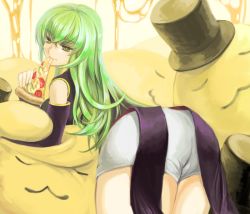 Rule 34 | 00s, 1girl, ass, bad id, bad pixiv id, c.c., cheese, cheese-kun, code geass, eating, food, green hair, hat, long hair, mamepon, pizza, pizza hut, pizza slice, smile, solo, top hat, yellow eyes