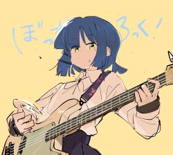 Rule 34 | 1girl, absurdres, black skirt, blue hair, blush, bocchi the rock!, closed mouth, collared shirt, electric guitar, green eyes, guitar, highres, holding, holding instrument, instrument, long sleeves, mole, mole under eye, music, nangnangnang, playing instrument, pleated skirt, shirt, short hair, simple background, skirt, solo, upper body, white shirt, yamada ryo, yellow background
