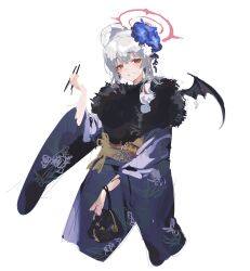 Rule 34 | 1girl, absurdres, blue archive, demon wings, grey hair, halo, haruna (blue archive), haruna (new year) (blue archive), highres, image sample, japanese clothes, kimono, shisantian, smile, solo, twitter sample, white background, wings