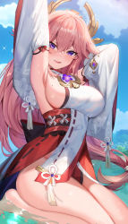 Rule 34 | 1girl, absurdres, armpits, arms up, bare legs, blue sky, blush, breasts, cloud, commentary request, day, detached sleeves, dress, floral print, genshin impact, hair between eyes, highres, large breasts, long hair, long sleeves, looking at viewer, mole, mole on breast, outdoors, parted lips, pink hair, purple eyes, shanguier, sideboob, sitting, sky, smile, solo, very long hair, water, white dress, yae miko