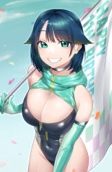 Rule 34 | 1girl, adapted costume, aqua eyes, awono nanaumi, black hair, black leotard, blue sky, breasts, cleavage, cleavage cutout, clothing cutout, cloud, covered navel, cowboy shot, elbow gloves, flag, front zipper, fukami nana (awono nanaumi), gloves, green gloves, grin, hair flaps, happy birthday, highres, large breasts, leotard, looking at viewer, multicolored leotard, original, race queen, short hair, sky, smile, solo, zipper pull tab