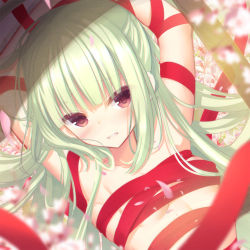 Rule 34 | 1girl, armpits, arms up, blush, bound, breasts, cariboy, clenched teeth, collarbone, commentary request, flower, green hair, long hair, looking at viewer, murasame (senren), naked ribbon, petals, red eyes, red ribbon, ribbon, ribbon bondage, senren banka, small breasts, solo, teeth, upper body, white flower