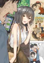 Rule 34 | !?, 1boy, 1girl, ?, age progression, anger vein, araido kagiri, bag, bare arms, bare shoulders, baseball cap, black hair, black shorts, blue shorts, blurry, blush, breasts, brown skirt, butterfly net, cellphone, check translation, cheek pinching, clenched hand, clenched teeth, comic, commentary, confused, depth of field, drooling, eating, field, fighting, flashback, flower, flower field, food, fruit, grey shirt, hair between eyes, hand net, hand up, handbag, hat, holding, holding phone, jacket, line (naver), long hair, long skirt, looking at another, lying, medium breasts, mole, mole under eye, nervous sweating, nose bubble, nose picking, on back, open mouth, orange eyes, original, pants, phone, pinching, pointing, red hat, red shirt, red vest, remembering, reverse trap, running, shirt, short hair, short sleeves, shorts, shoulder bag, silent comic, sitting, skirt, sleeping, sleeveless, sleeveless shirt, smartphone, spiked hair, standing, sunflower, sunflower field, surprised, sweat, tears, teeth, text messaging, tomboy, translation request, trembling, v-neck, vest, watermelon, white shirt