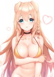 Rule 34 | 1girl, animal ears, bare arms, bare shoulders, black choker, blonde hair, blue eyes, blush, braid, breasts, choker, cleavage, collarbone, commentary, dog ears, g home, groin, hair between eyes, halterneck, heart, large breasts, long hair, looking at viewer, maplestory, navel, orange background, out-of-frame censoring, side braid, solo, swimsuit, symbol-only commentary, upper body, very long hair