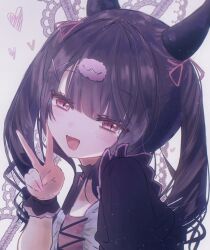 Rule 34 | 1girl, :d, black choker, black hair, blunt bangs, blush, choker, commentary, demon horns, denonbu, grey background, hair ornament, hair ribbon, hand up, heart, highres, horns, long hair, looking at viewer, open mouth, pink ribbon, puffy short sleeves, puffy sleeves, purumeria 36, red eyes, reml, ribbon, short sleeves, slit pupils, smile, solo, symbol-only commentary, twintails, upper body, wrist cuffs, x hair ornament