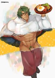 Rule 34 | 1boy, abs, alternate costume, alternate pectoral size, bara, chef, dark-skinned male, dark skin, foot out of frame, green hair, highres, holding, holding plate, impossible clothes, joe (sk8), large pectorals, looking at viewer, male focus, male pubic hair, medium hair, muscular, muscular male, navel, navel hair, nipples, pectorals, penis, penis peek, plate, pubic hair, revealing layer, robokeh, shirt, sk8 the infinity, solo, stomach, tight clothes, tight shirt