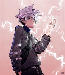 1boy, black pants, blue eyes, chains, closed mouth, commentary, ear piercing, earrings, edpan, electricity, english commentary, fanny pack, grey sweater, hair between eyes, hand in pocket, hand up, highres, hunter x hunter, jewelry, killua zoldyck, lock, male focus, necklace, padlock, pants, piercing, ring, signature, solo, stud earrings, sweater, upper body, white hair