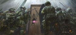 Rule 34 | 352888875, 6+boys, against wall, ballistic shield, battering ram, body armor, broken door, bulletproof vest, chinese commentary, commentary request, door, from behind, glowing, gun, helmet, highres, male focus, military, multiple boys, original, riot shield, shield, signature, visor, weapon, weapon request