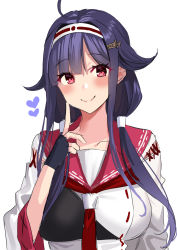 Rule 34 | 1girl, ahoge, akagi kurage, bad id, bad twitter id, black gloves, breasts, commentary, finger to cheek, fingerless gloves, gloves, hair flaps, hair ornament, hairband, hand up, heart, highres, kantai collection, long hair, looking at viewer, low twintails, medium breasts, muneate, necktie, purple hair, red eyes, ryuuhou (kancolle), ryuuhou kai ni (kancolle), sailor collar, sidelocks, simple background, smile, solo, symbol-only commentary, taigei (kancolle), twintails, upper body, white background, wide sleeves