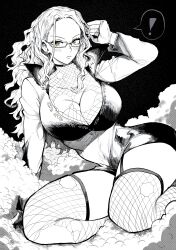 Rule 34 | !, 1girl, absurdres, arm support, black background, blush, bodysuit, breasts, cleavage, closed mouth, commentary, curvy, dress, ear piercing, expressionless, feet out of frame, fishnet bodysuit, fishnet thighhighs, fishnets, forehead, glasses, gloves, greyscale with colored background, hand in own hair, highres, kalifa (one piece), large breasts, long hair, looking at viewer, monochrome, one piece, parted bangs, pencil dress, piercing, short dress, sidelocks, sitting, soap bubbles, solo, spoken exclamation mark, spot color, thighhighs, thighs, torn bodysuit, torn clothes, torn thighhighs, wavy hair, yellow eyes, yotsumi shiro, zettai ryouiki