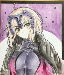 Rule 34 | 1girl, ahoge, armor, black cape, blonde hair, breasts, cape, closed mouth, fate/grand order, fate (series), fur trim, gorget, head tilt, headpiece, jeanne d&#039;arc (fate), jeanne d&#039;arc alter (avenger) (fate), jeanne d&#039;arc alter (avenger) (first ascension) (fate), jeanne d&#039;arc alter (fate), large breasts, looking at viewer, photo (medium), short hair, solo, tanaji, torn cape, torn clothes, traditional media, underbust, upper body, yellow eyes