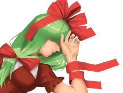 Rule 34 | 1girl, amino (tn7135), bad id, bad pixiv id, breasts, dress, fingernails, green hair, hair over eyes, hair ribbon, hand up, kagiyama hina, long hair, lying, on back, pointy nose, red dress, ribbon, short sleeves, simple background, smirk, solo, touhou, white background