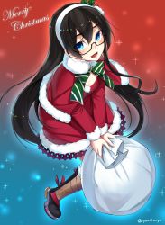 Rule 34 | 1girl, black hair, blue eyes, blue legwear, capelet, christmas, dress, from above, full body, fur-trimmed dress, fur trim, glasses, gradient background, hairband, highres, kantai collection, long hair, looking at viewer, ooyodo (kancolle), open mouth, red dress, red legwear, ryou@ryou, sack, semi-rimless eyewear, smile, solo, twitter username