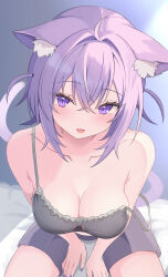 Rule 34 | 1girl, absurdres, ahoge, animal ear fluff, animal ears, black camisole, breasts, camisole, cat ears, cat girl, cat tail, cleavage, highres, hololive, large breasts, looking at viewer, medium hair, melvis, nail polish, nekomata okayu, nekomata okayu (membership), official alternate costume, open mouth, purple eyes, purple hair, purple nails, purple shorts, shorts, smile, solo, tail, two side up, virtual youtuber