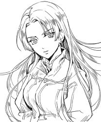 Rule 34 | 1girl, breasts, chris lightfellow, closed mouth, earrings, gensou suikoden, gensou suikoden iii, jewelry, long hair, looking at viewer, lowres, medium breasts, monochrome, sassa (cb), simple background, solo, white background