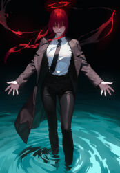 Rule 34 | abbystea, black necktie, black pants, blood, blood halo, braid, braided ponytail, business suit, chainsaw man, collared shirt, formal, high-waist pants, highres, liquid halo, long hair, long sleeves, makima (chainsaw man), necktie, open clothes, open shirt, outstretched arms, pants, red hair, shirt, shirt tucked in, suit, water, white shirt