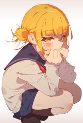 Rule 34 | 1girl, absurdres, beige sweater, black footwear, blonde hair, blue sailor collar, blue skirt, blunt bangs, blush, boku no hero academia, brown socks, closed mouth, commentary, double horizontal stripe, elbows on knees, full body, hair bun, hands on own face, highres, loafers, long sleeves, looking at viewer, miniskirt, neckerchief, own hands together, pleated skirt, rasusurasu, red neckerchief, sailor collar, shoes, short hair, short hair with long locks, sidelocks, simple background, single hair bun, skirt, socks, solo, squatting, toga himiko, wavy mouth, white background, yellow eyes