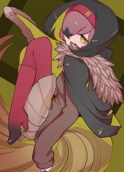Rule 34 | 1girl, bird tail, black hair, blush, boots, brown sweater, closed mouth, commentary request, dodo (kemono friends), empty eyes, fetal position, fur collar, fur trim, hair between eyes, hair ornament, hairband, highres, hood, hood down, kemono friends, long sleeves, looking at viewer, multicolored hair, notora, pantyhose, pink hair, pleated skirt, poncho, red footwear, red pantyhose, short hair, simple background, skirt, sleeves past wrists, smile, solo, sweater, tail, yellow eyes