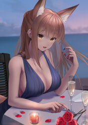 Rule 34 | 1girl, animal ear fluff, animal ears, arknights, bare shoulders, blue dress, blue nails, blush, breasts, brown hair, candle, chair, champagne flute, cleavage, cocktail dress, commentary request, commission, cup, dress, drinking glass, ear piercing, flower, franka (arknights), large breasts, long hair, looking at viewer, ocean, open mouth, outdoors, petals, piercing, red flower, red rose, rose, rose petals, sidelocks, sitting, skeb commission, sky, solo, sthk, table, yellow eyes