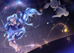 Rule 34 | 1girl, blue eyes, blue hair, detached sleeves, dress, fingerless gloves, from below, gloves, hair ribbon, hatsune miku, highres, hmniao, long hair, open mouth, rabbit, ribbon, star (sky), twintails, very long hair, vocaloid, wand, yuki miku, yukine (vocaloid)