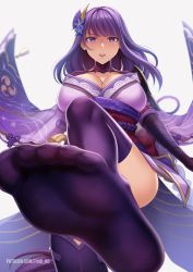 Rule 34 | 1girl, armor, braid, breasts, cleavage, coattails, commentary, commentary request, english commentary, feet, fino ko, flower, foot focus, genshin impact, hair ornament, japanese clothes, kimono, large breasts, long hair, long sleeves, looking at viewer, mole, mole under eye, no shoes, open mouth, purple eyes, purple flower, purple hair, purple thighhighs, raiden shogun, ribbon, sash, shoulder armor, simple background, soles, solo, thighhighs, white background, wide sleeves