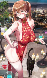 Rule 34 | 1girl, animal, black cat, blush, bracelet, breasts, bulge, cat, china dress, chinese clothes, dress, earrings, female focus, halterneck, hand on own hip, highres, jewelry, long hair, looking at viewer, original, panco (artist), pelvic curtain, sideboob, skin tight, solo, sweatdrop, thighhighs, white thighhighs