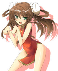 Rule 34 | 10s, 1girl, bad id, bad pixiv id, bare legs, bare shoulders, blush, brown hair, china dress, chinese clothes, double bun, dress, fang, female focus, green eyes, hair between eyes, hair bun, highres, huang lingyin, infinite stratos, legs, long hair, looking at viewer, open mouth, paw pose, seven (shijima), shadow, smile, solo, standing, thighs, twintails
