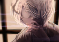 Rule 34 | . ., 1boy, absurdres, cigarette, commentary request, gegege no kitarou, grey hair, hair over one eye, highres, holding, holding cigarette, indoors, kitarou, kujukusima, looking at viewer, male focus, one eye covered, red eyes, smoke, smoking, solo, window