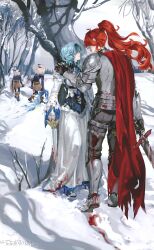 1boy 1girl absurdres armor bandaged_hand bandages black_gloves black_hairband black_pants blood blood_on_armor blood_on_clothes blood_on_snow bloody_weapon blue_hair blue_necktie broken broken_sword broken_weapon cape chest_harness commentary_request diluc_(genshin_impact) dress eula_(genshin_impact) genshin_impact gloves hair_over_eyes hairband hand_on_another&#039;s_shoulder harness high_heels highres hilichurl_(genshin_impact) holding holding_sword holding_weapon lluluchwan long_hair long_sleeves looking_at_another medium_hair necktie outdoors pants parted_lips pauldrons plate_armor ponytail red_cape red_hair shoulder_armor sky snow sword tree weapon white_dress white_sky white_sleeves wide_sleeves winter