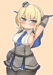 Rule 34 | 1girl, arm up, armpits, black gloves, black pantyhose, blonde hair, blue eyes, blue necktie, braid, breasts, capelet, colorado (kancolle), cowboy shot, dress, elbow gloves, garrison cap, gloves, grey dress, hat, headgear, kantai collection, large breasts, looking at viewer, necktie, nepty (silkey vod), orange background, pantyhose, pleated dress, shirt, short hair, side braids, sideboob, simple background, sleeveless, solo, white shirt