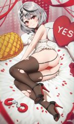 Rule 34 | 1girl, absurdres, ass, bed, bed sheet, black hair, black thighhighs, blush, braid, breasts, cameltoe, camisole, closed mouth, cushion, fang, flower, frilled shirt, frills, from above, full body, fuzzy handcuffs, garter straps, grey hair, hair ornament, high heels, highres, hololive, looking at viewer, lying, matmaj, medium breasts, medium hair, multicolored hair, on bed, on side, panties, petals, pillow, red eyes, red flower, red footwear, red panties, red rose, rose, sakamata chloe, shirt, solo, streaked hair, thighhighs, torn clothes, torn thighhighs, underwear, virtual youtuber, white camisole, x hair ornament, yes-no pillow