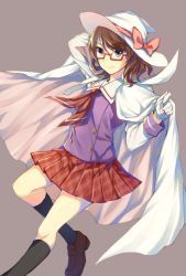 Rule 34 | 1girl, alternate costume, alternate headwear, bow, brown background, brown eyes, brown hair, cape, capelet, commentary request, dress, glasses, gloves, hat, hat bow, hat ribbon, kaede (mmkeyy), long sleeves, looking at viewer, low twintails, plaid, purple dress, red-framed eyewear, red bow, red skirt, ribbon, school uniform, semi-rimless eyewear, simple background, skirt, solo, touhou, twintails, under-rim eyewear, usami sumireko, white cape, white gloves, white hat