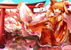 Rule 34 | 1girl, arm up, ascot, black pantyhose, blonde hair, blue sky, bow, cherry blossoms, cosplay, day, detached sleeves, fang, female focus, floral print, gohei, hair bow, hakurei reimu, hakurei reimu (cosplay), hakurei shrine, highres, horn ornament, horn ribbon, horns, ibuki suika, japanese clothes, long hair, long sleeves, looking at viewer, miko, navel, nishiuri, open mouth, orange eyes, pantyhose, petals, pointy ears, ribbon, shirt, skirt, skirt set, sky, smile, solo, torii, touhou, tree, very long hair, wide sleeves