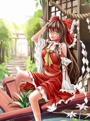 Rule 34 | 1girl, arm up, ascot, bare shoulders, bell, bow, brown eyes, brown hair, bug, butterfly, day, detached sleeves, flower, forest, gohei, hair bow, hair tubes, hakurei reimu, bug, long hair, looking at viewer, midriff, nature, navel, open mouth, path, road, rope, shimenawa, shirt, sitting, skirt, skirt set, sky, smile, solo, stairs, torii, touhou, very long hair, vest, wide sleeves, yunsang