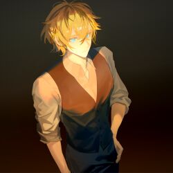 Rule 34 | 1boy, black background, blonde hair, blue eyes, brown vest, circle of inevitability, dark, hand on own hip, highres, looking at viewer, lord of the mysteries, lumian lee, shirt, simple background, solo, tangpiaogener, vest, white shirt