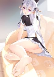 Rule 34 | 1girl, absurdres, animal ears, ass, barefoot, cat ears, couch, feet, highres, hourei tenten, long hair, looking at viewer, melty+, open mouth, pink eyes, silver hair, soles, toes, virtual youtuber