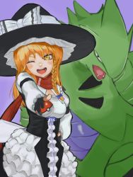Rule 34 | 1girl, black gloves, black skirt, blonde hair, blue bow, bow, braid, breasts, cleavage cutout, clothing cutout, commentary, cookie (touhou), cowboy shot, creatures (company), crossover, english commentary, game freak, gen 2 pokemon, gloves, hair bow, hat, hat bow, holding, holding poke ball, johnnyyyyy, kirisame marisa, long hair, long sleeves, looking at viewer, mars (cookie), medium breasts, nintendo, one eye closed, open mouth, partially fingerless gloves, petticoat, poke ball, poke ball (basic), pokemon, pokemon (creature), purple background, red scarf, scarf, shirt, side braid, simple background, single braid, skirt, touhou, tyranitar, white bow, white shirt, witch hat, yellow eyes