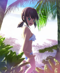 Rule 34 | 10s, 1girl, :d, bad id, bad perspective, bad pixiv id, bare arms, bare legs, bare shoulders, beach, bikini, blurry, blush, breasts, brown hair, dappled sunlight, day, depth of field, floral print, foreshortening, frilled bikini, frills, from behind, fubuki (kancolle), green eyes, hair tie, highres, kantai collection, layered bikini, long hair, looking at viewer, looking back, low ponytail, moss, open mouth, outdoors, outstretched hand, overexposure, palm tree, plant, sand, shore, side-tie bikini bottom, sideboob, small breasts, smile, solo, standing, summer, sunlight, swimsuit, tareme, tree, under tree, water, white bikini, yamashiro kogane