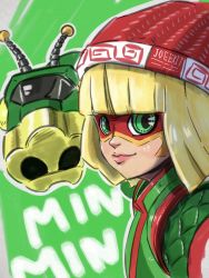 Rule 34 | 1girl, arms (game), beanie, blonde hair, blunt bangs, blush, bob cut, character name, chinese clothes, closed mouth, domino mask, dragon, dragon (arms), eastern dragon, flat chest, green background, green eyes, green shirt, green theme, grey background, hat, highres, joejoe, knit hat, lips, looking at viewer, mask, min min (arms), nintendo, nose, outline, red hat, ringed eyes, scales, shirt, short hair, smile, solo, turtleneck, upper body