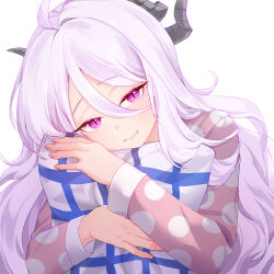 Rule 34 | 1girl, aesice, black horns, blue archive, closed mouth, demon horns, fingernails, highres, hina (blue archive), hina (pajamas) (blue archive), horns, long hair, long sleeves, looking at viewer, multiple horns, official alternate costume, pajamas, pink pajamas, polka dot, polka dot pajamas, purple eyes, simple background, solo, upper body, white background, white hair