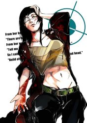 Rule 34 | 1girl, abs, belt, black hair, blood, blood on hands, coat, english text, eyepatch, hand on own head, jormungand (manga), long hair, midriff, navel, oorum, open clothes, open coat, outstretched hand, pants, scar, sofia valmer, solo, tank top